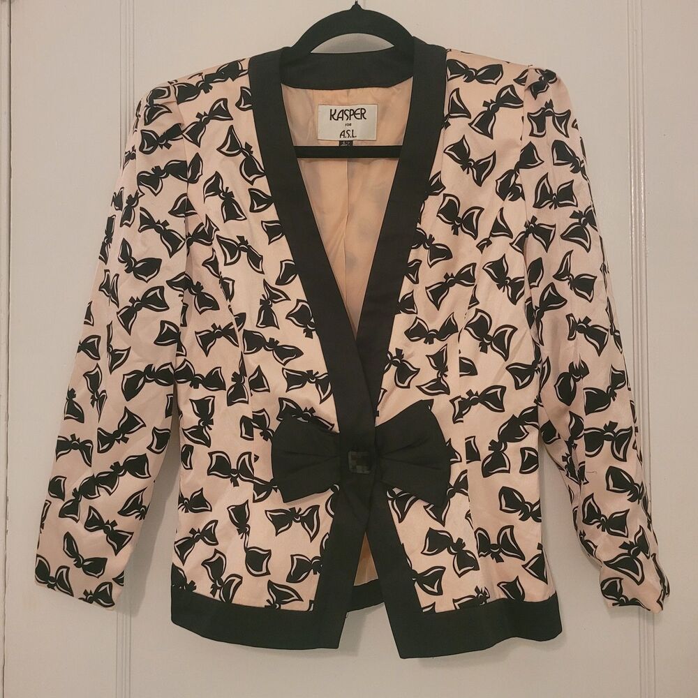 2PC Vtg Pink Black BOW Cocktail Skirt Suit faux silk Set Size 6 7 Small Coquette - Picture 12 of 15